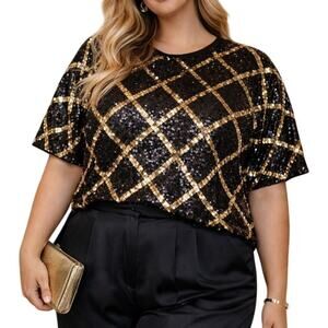 Vintage Diana Marco Sequined Silk Top Black Gold Diamond Deadstock NWT 18-20